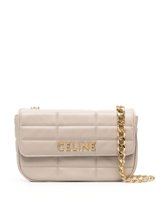 Neutral Quilted Logo Shoulder Bag