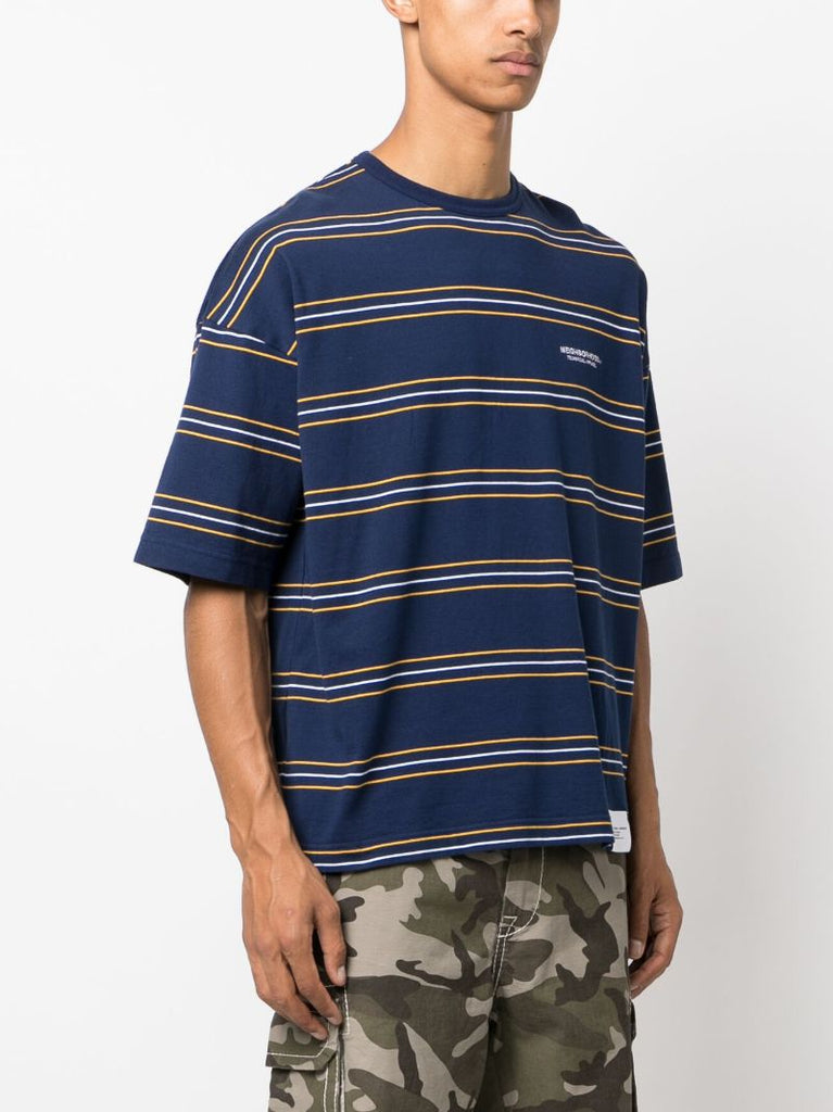 Blue Logo-embroidered Striped Cotton T-shirt