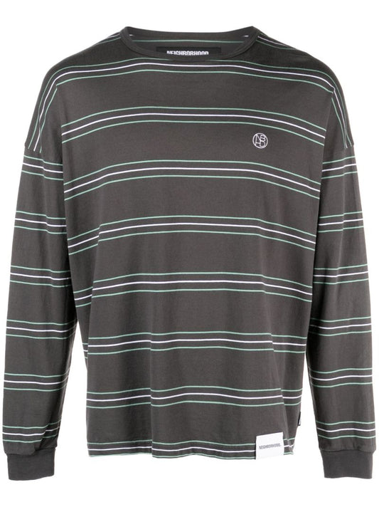 Grey Logo-embroidered Striped Cotton Top