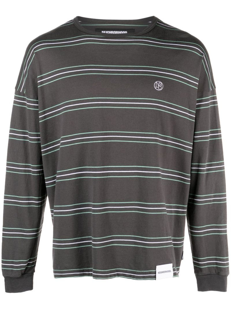 Grey Logo-embroidered Striped Cotton Top