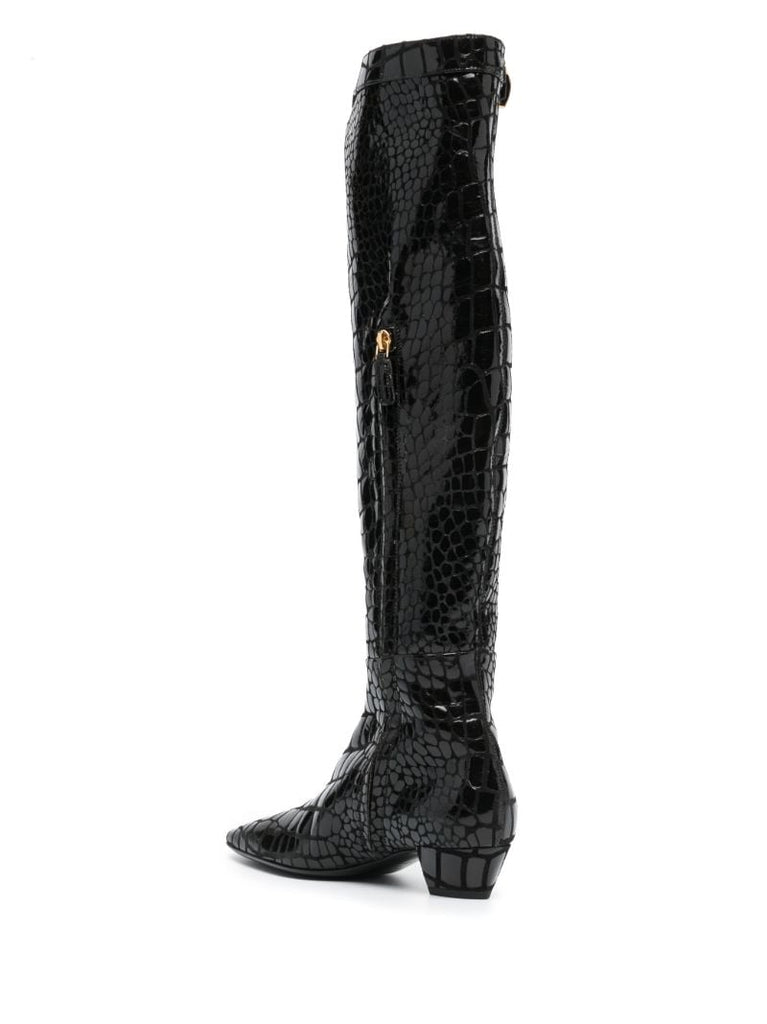 Black 40 Crocodile-effect Leather Over-the-knee Boots