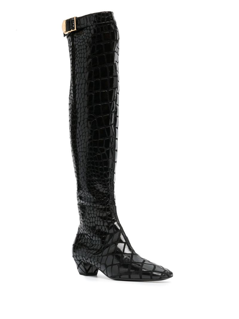 Black 40 Crocodile-effect Leather Over-the-knee Boots