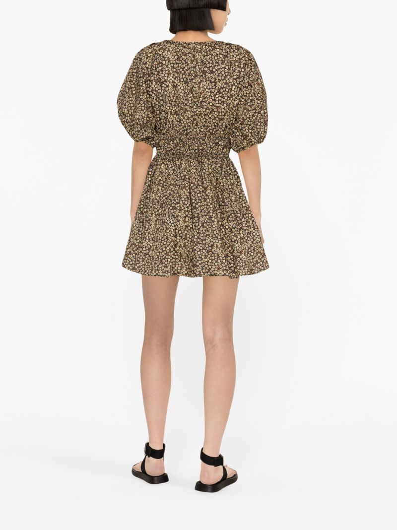Brown Floral Print Shirred Mini Dress