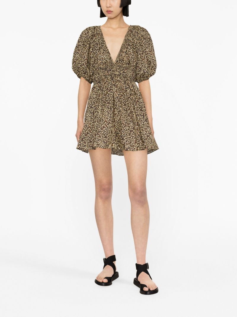 Brown Floral Print Shirred Mini Dress