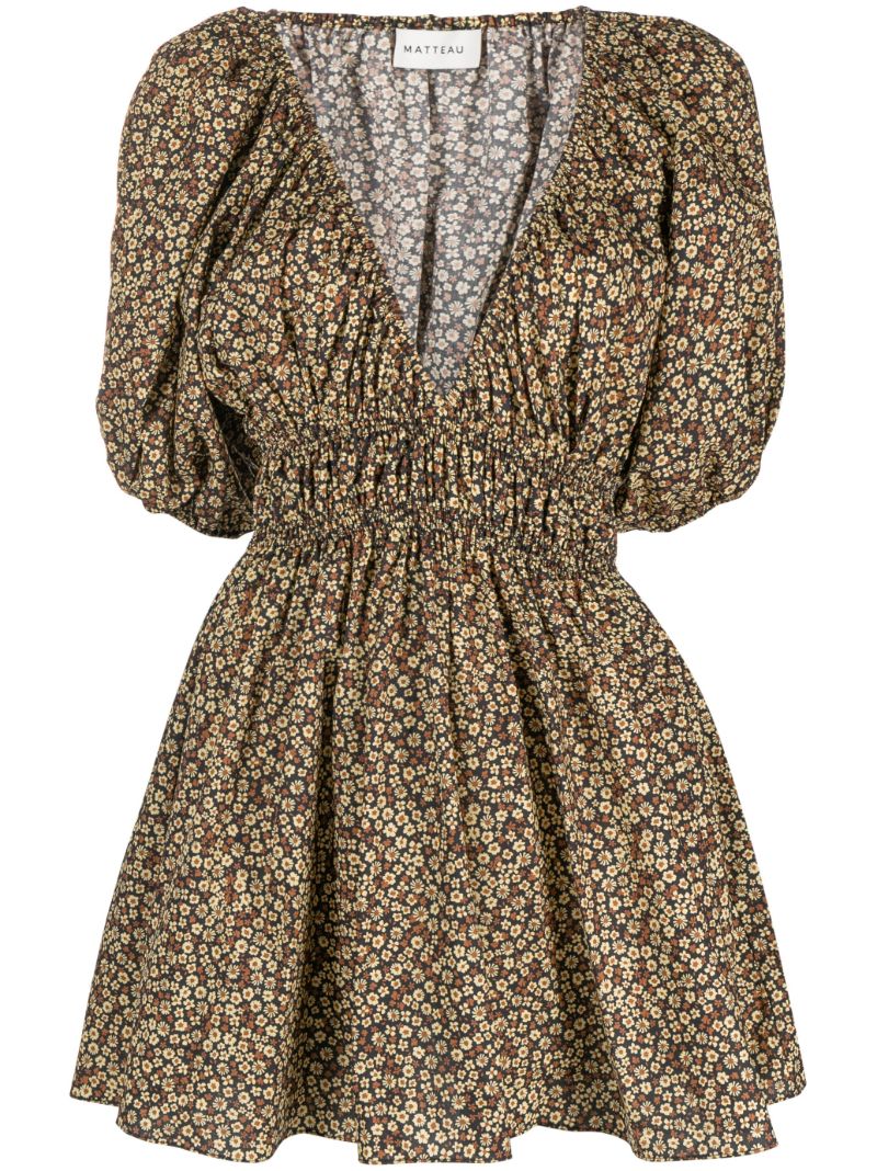 Brown Floral Print Shirred Mini Dress