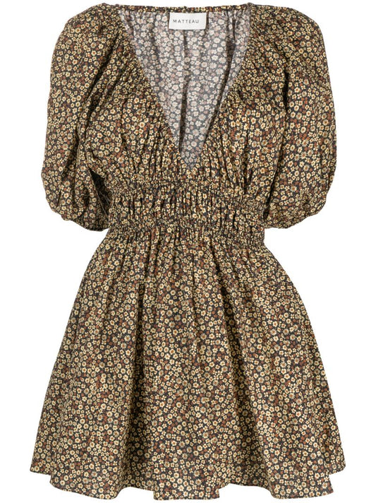 Brown Floral Print Shirred Mini Dress
