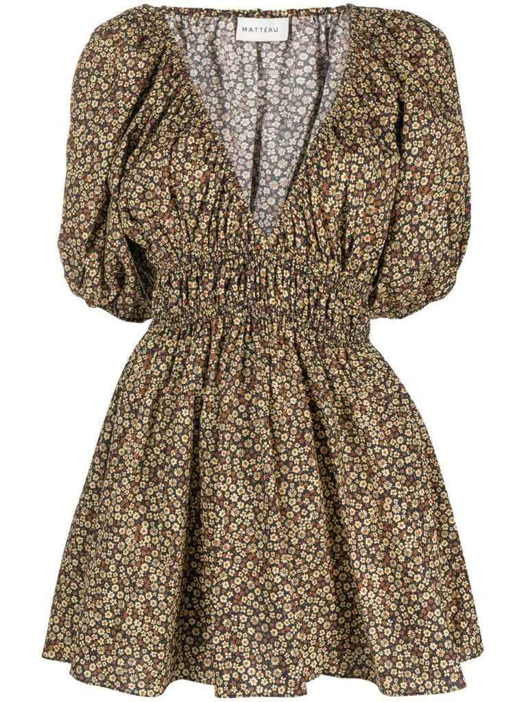 Brown Floral Print Shirred Mini Dress