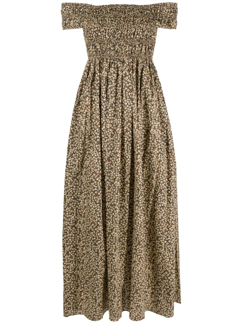 Brown Floral Print Off-the-shoulder Midi Dress