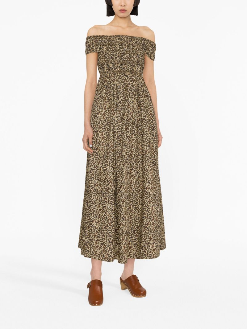 Brown Floral Print Off-the-shoulder Midi Dress