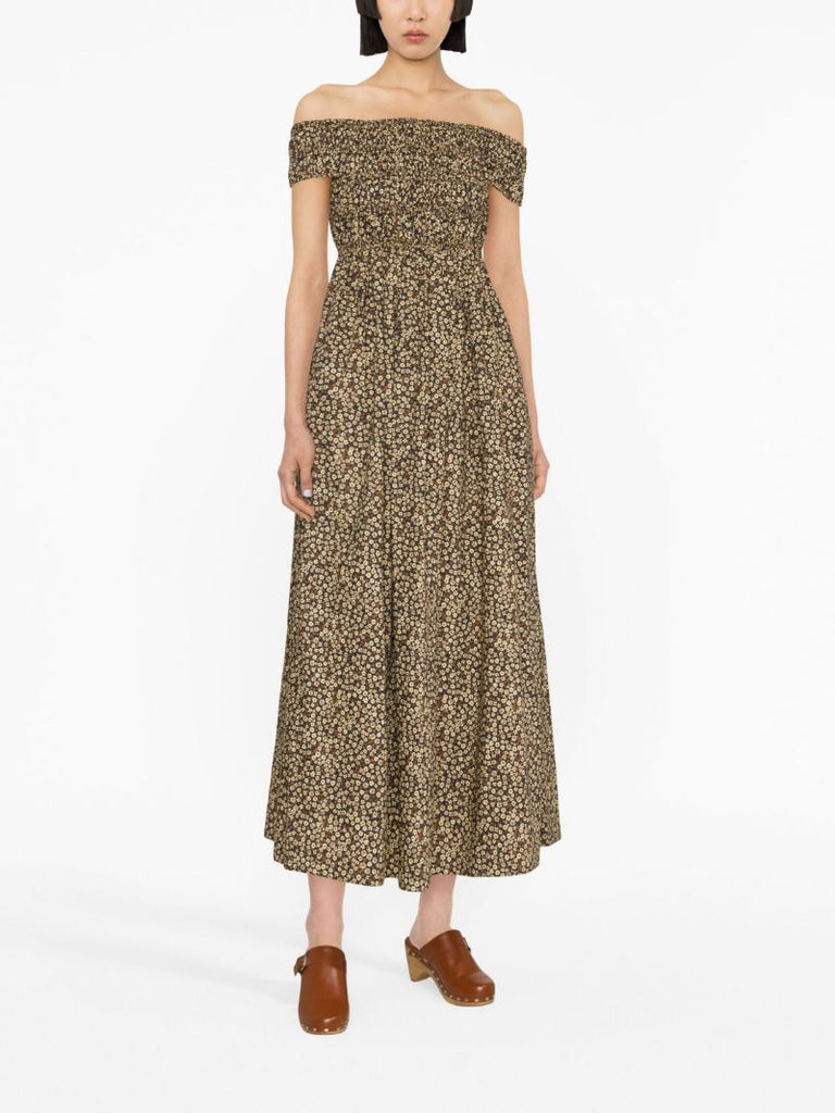 Brown Floral Print Off-the-shoulder Midi Dress