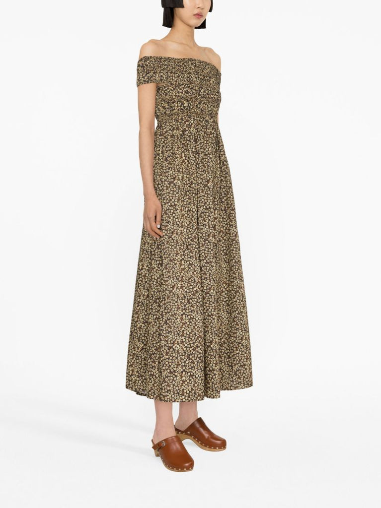Brown Floral Print Off-the-shoulder Midi Dress