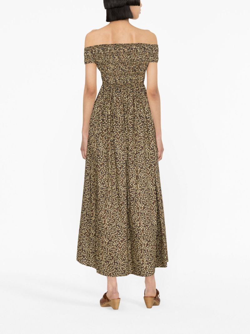 Brown Floral Print Off-the-shoulder Midi Dress
