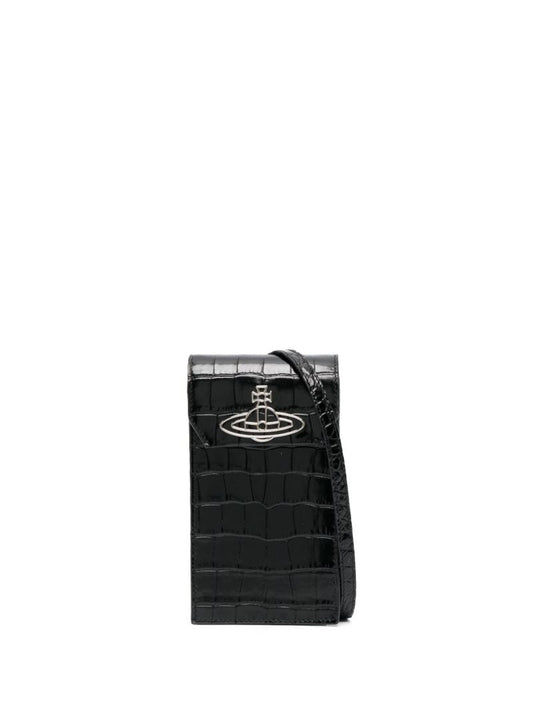 Black Orb-plaque Leather Phone Bag