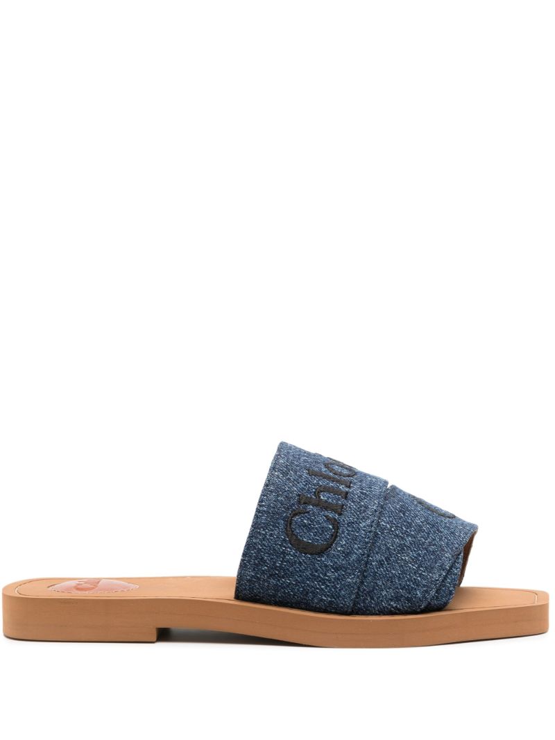 Blue Woody Logo Embroidered Denim Slides