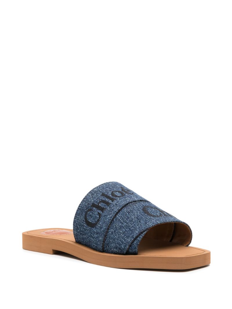 Blue Woody Logo Embroidered Denim Slides