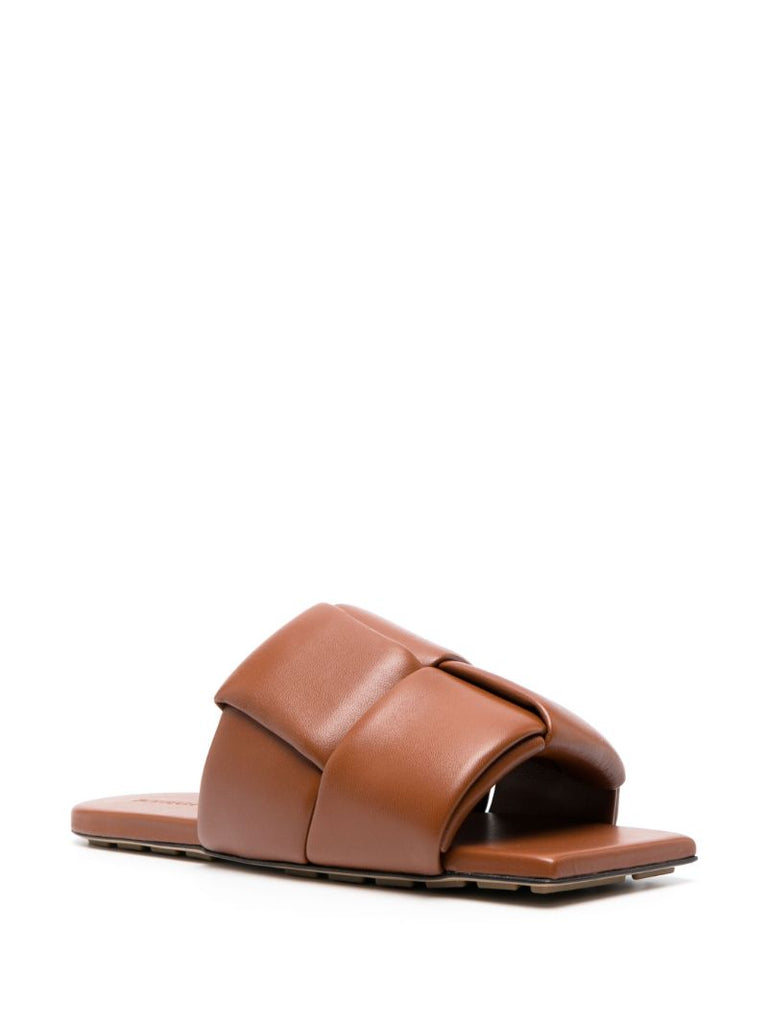 Brown Lido Padded Intrecciato Leather Slides