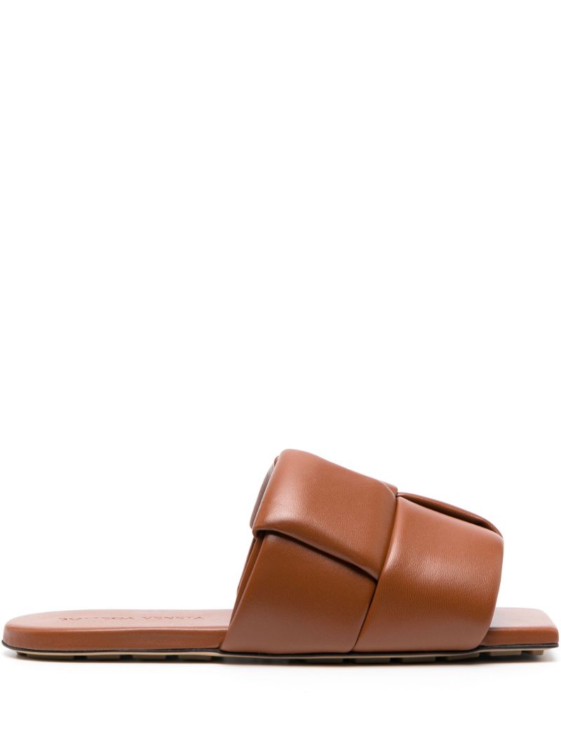 Brown Lido Padded Intrecciato Leather Slides