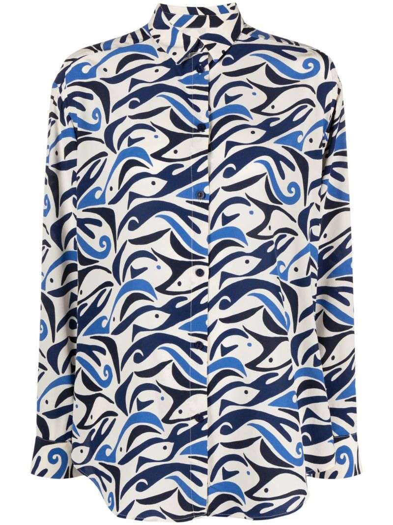 Blue Abstract Print Silk Shirt