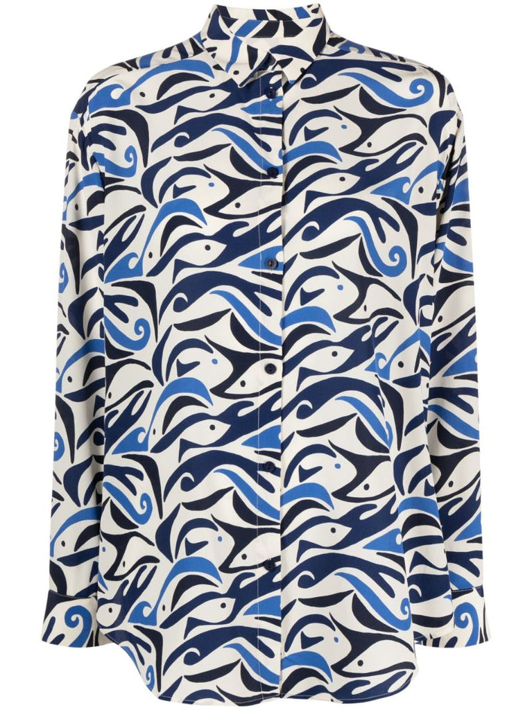 Blue Abstract Print Silk Shirt