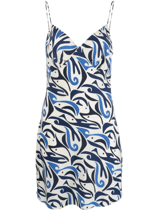 Blue Silk Abstract-print Mini Dress
