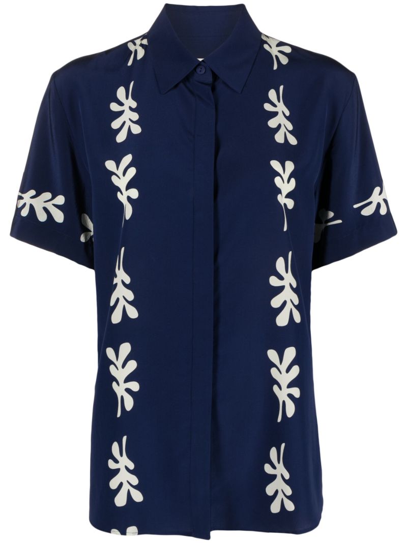 Blue Silk Fig Leaf Print Shirt