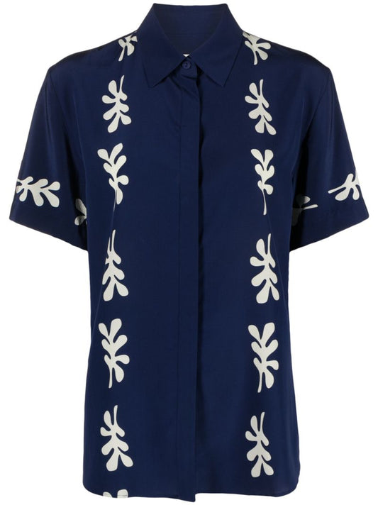 Blue Silk Fig Leaf Print Shirt