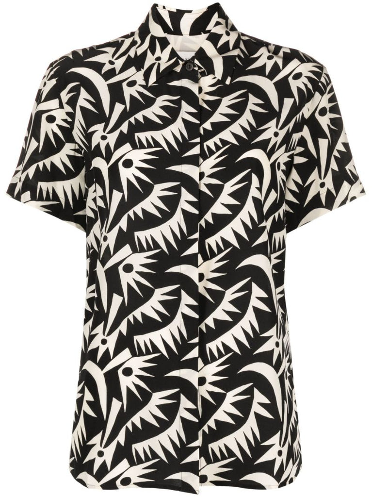 Black Printed Short-sleeve Silk Shirt