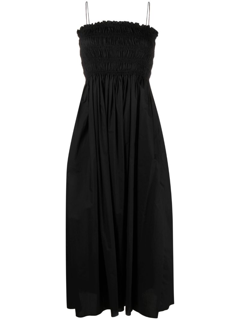 Black Shirred Cotton Midi Dress