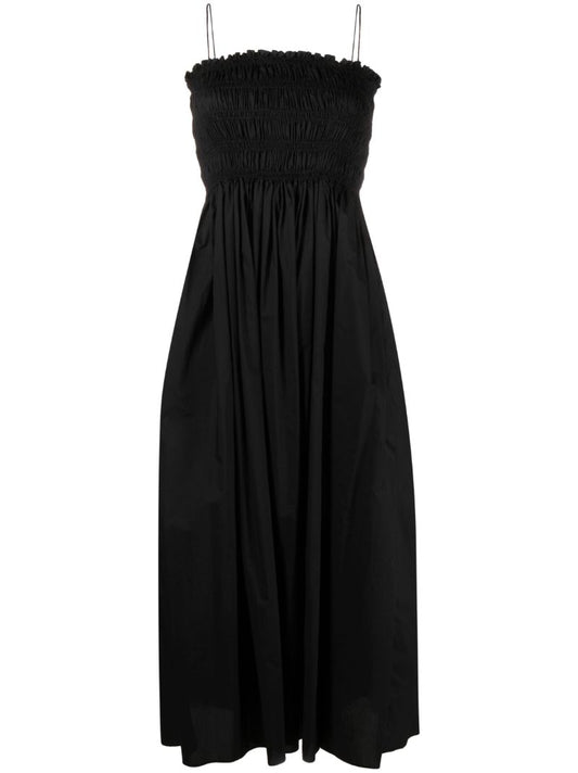 Black Shirred Cotton Midi Dress