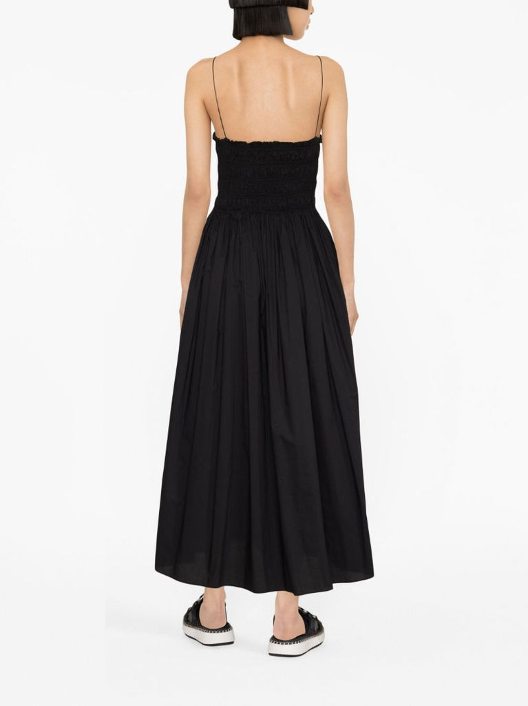 Black Shirred Cotton Midi Dress