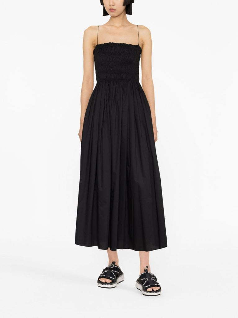 Black Shirred Cotton Midi Dress