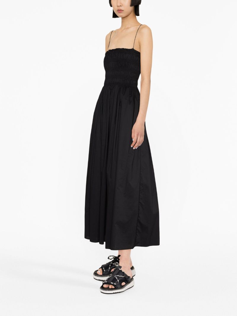 Black Shirred Cotton Midi Dress