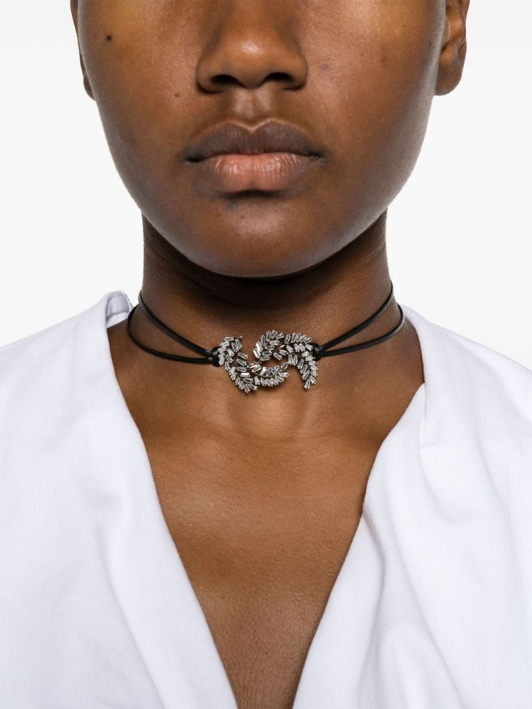Black Feather Crystal Leather Choker
