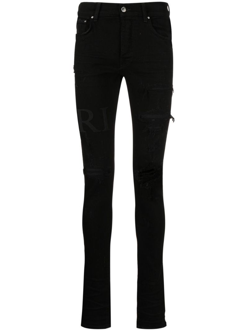 Black Serif Logo Distressed Skinny Jeans
