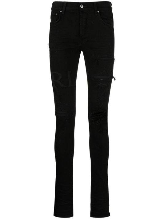 Black Serif Logo Distressed Skinny Jeans