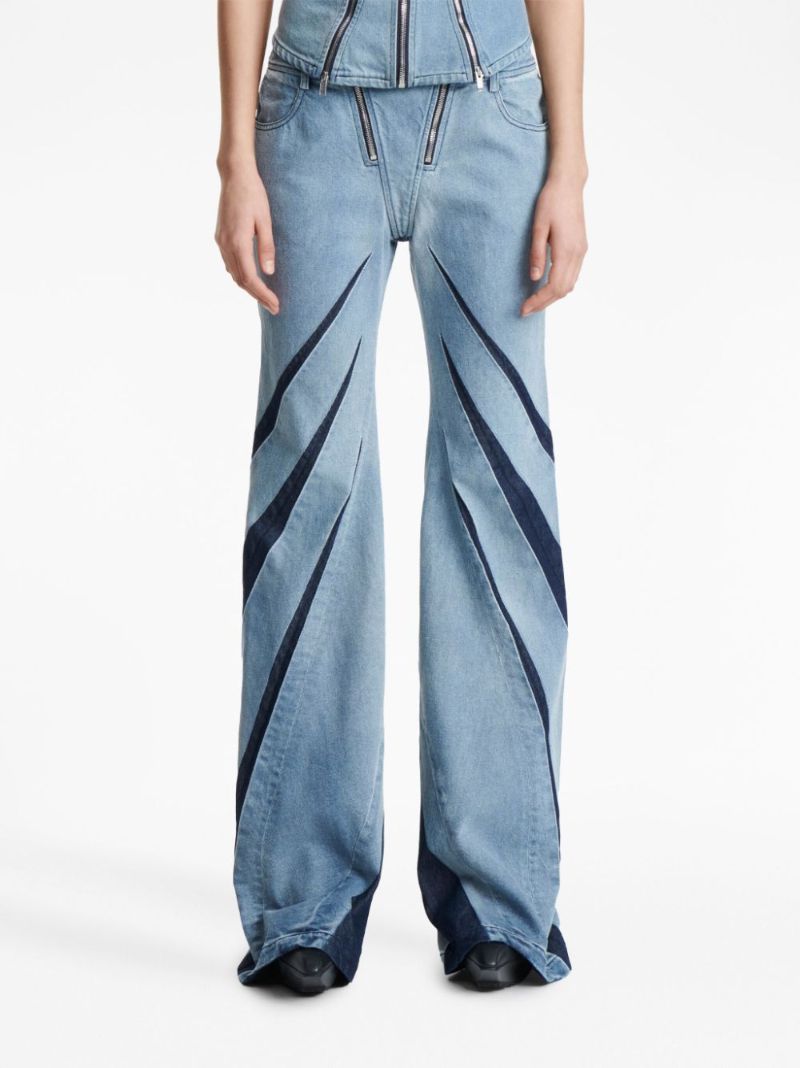 Blue Darted Pleat-detailing Flared Jeans