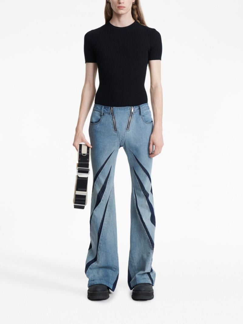 Blue Darted Pleat-detailing Flared Jeans