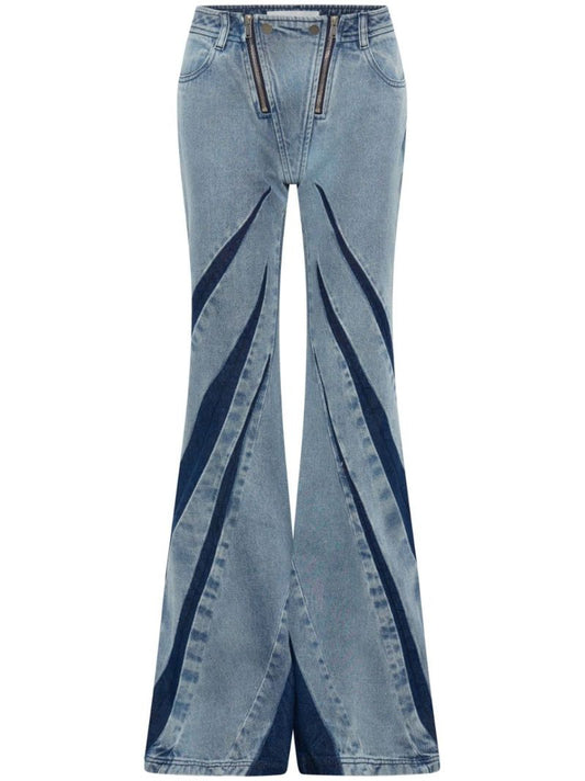 Blue Darted Pleat-detailing Flared Jeans