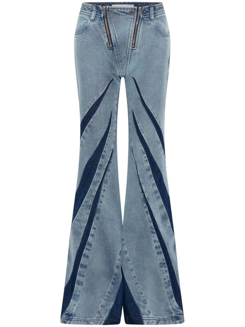 Blue Darted Pleat-detailing Flared Jeans
