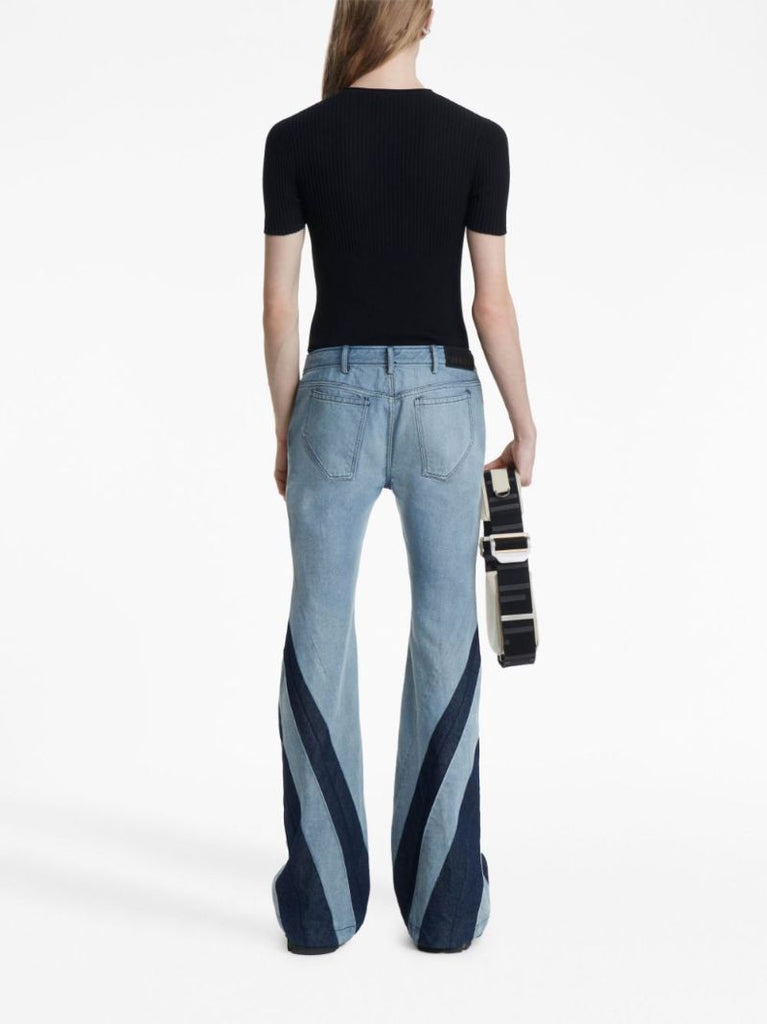 Blue Darted Pleat-detailing Flared Jeans