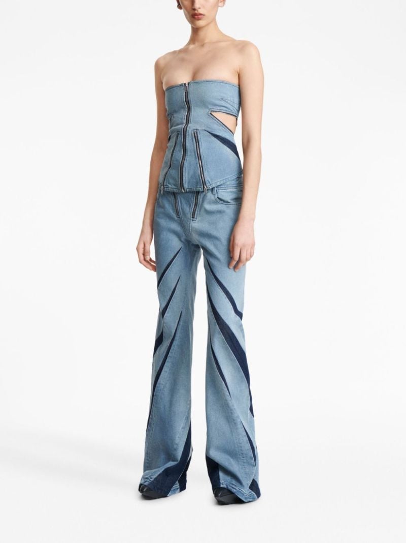 Blue Darted Pleat-detailing Flared Jeans