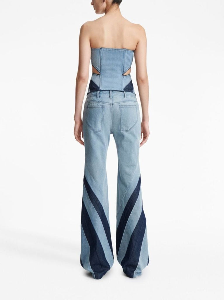 Blue Darted Pleat-detailing Flared Jeans