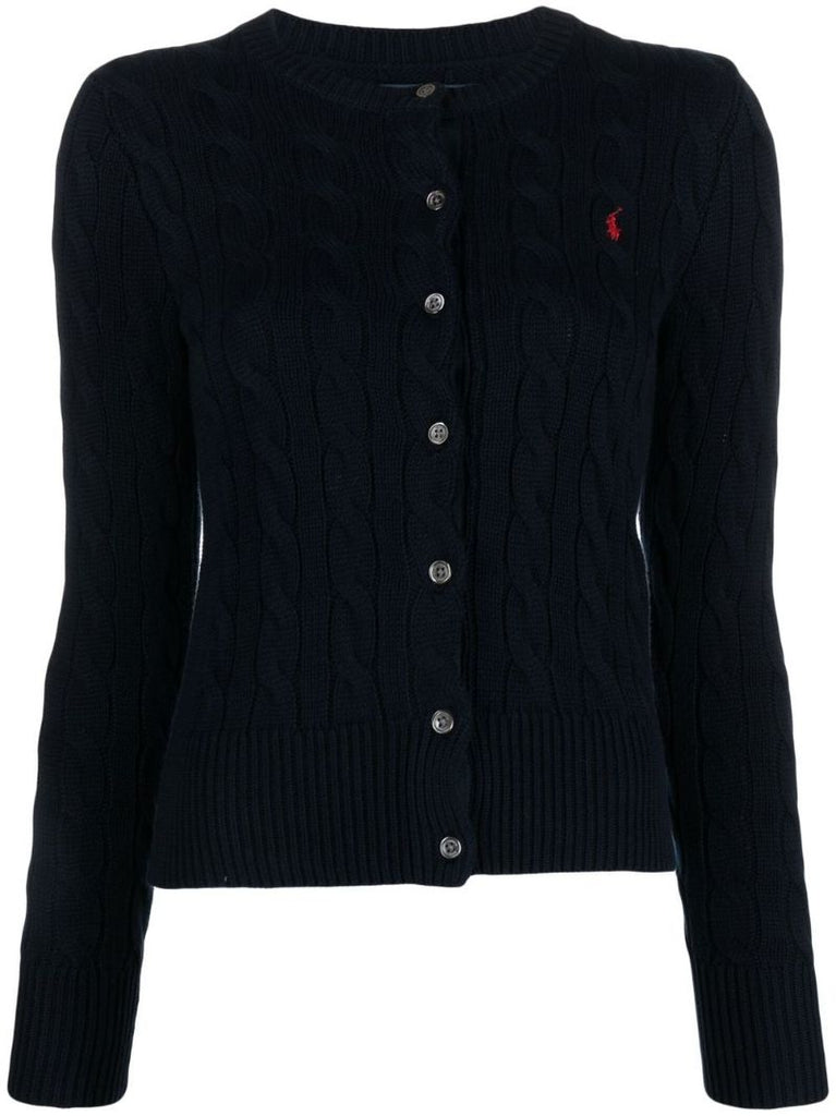 Blue Logo Embroidered Cable Knit Cardigan