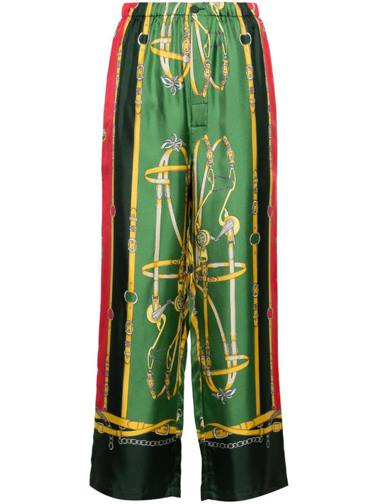 Green Harness-print Straight-leg Silk Trousers