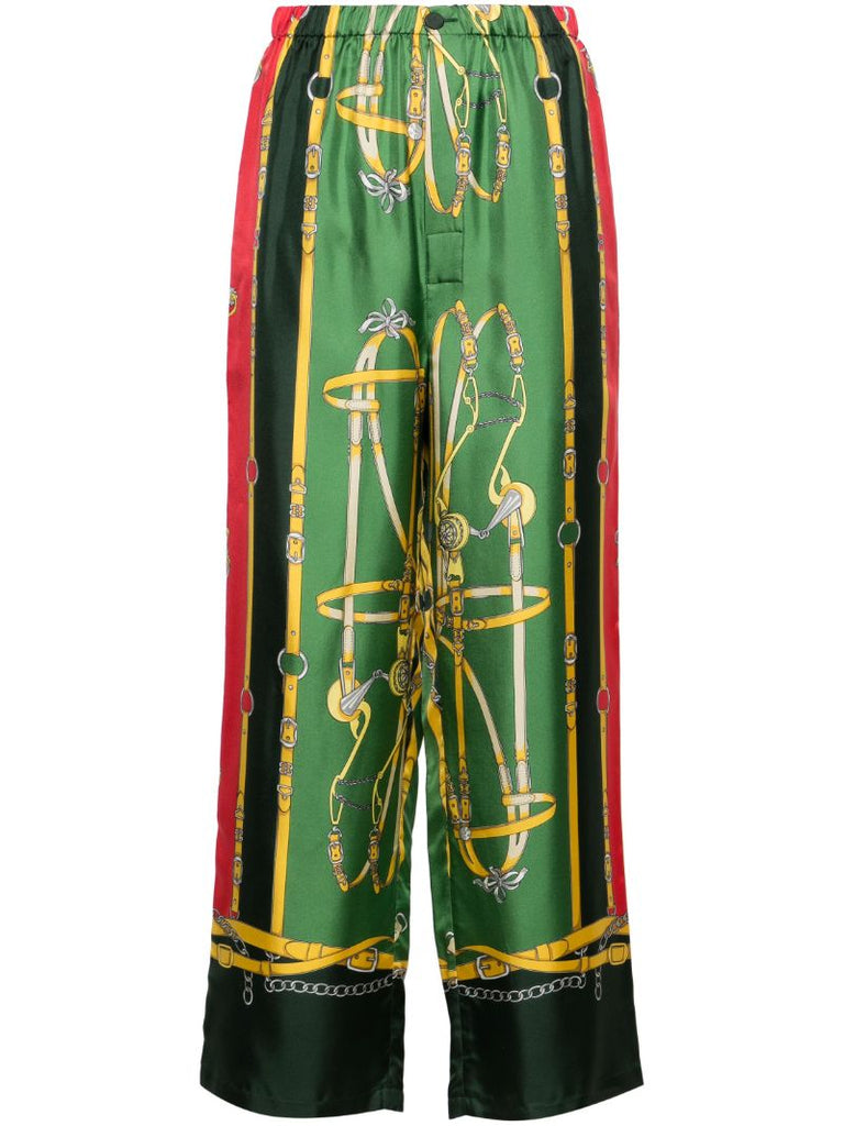 Green Harness-print Straight-leg Silk Trousers