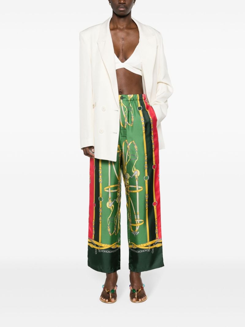 Green Harness-print Straight-leg Silk Trousers