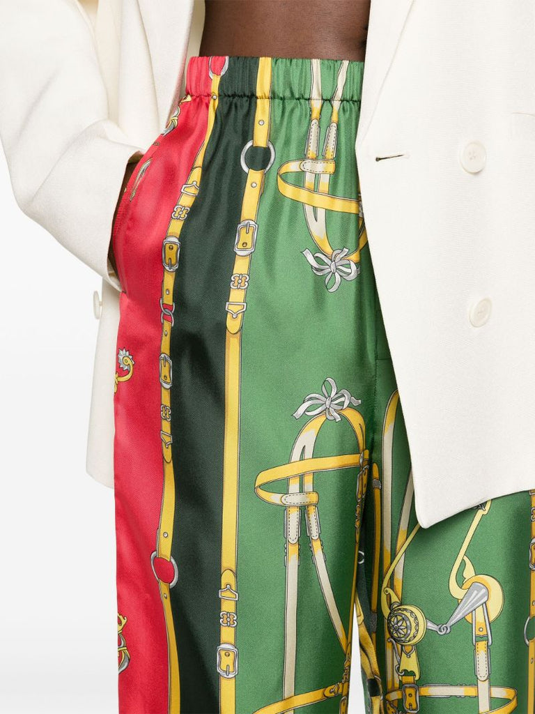 Green Harness-print Straight-leg Silk Trousers