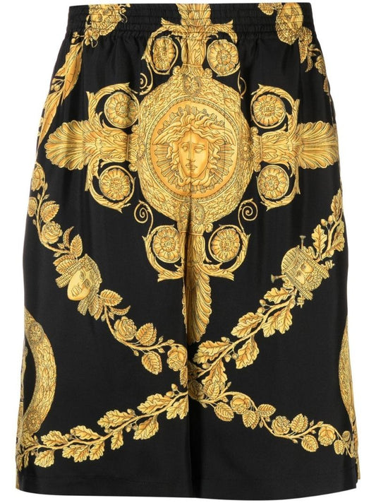 Black Barocco Print Silk Shorts