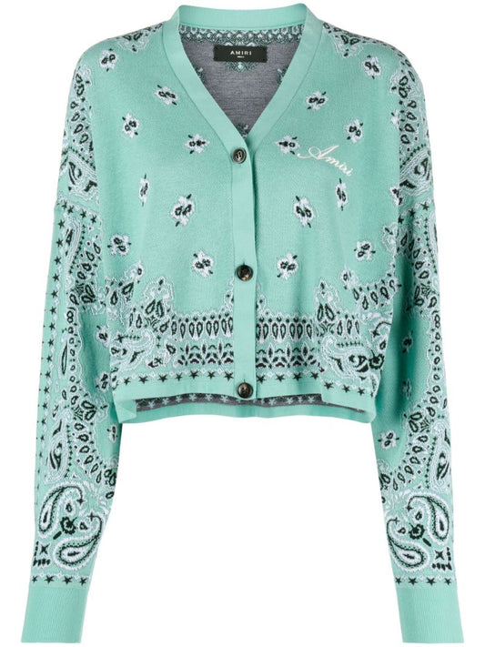 Blue Bandana-intarsia Cotton Cardigan