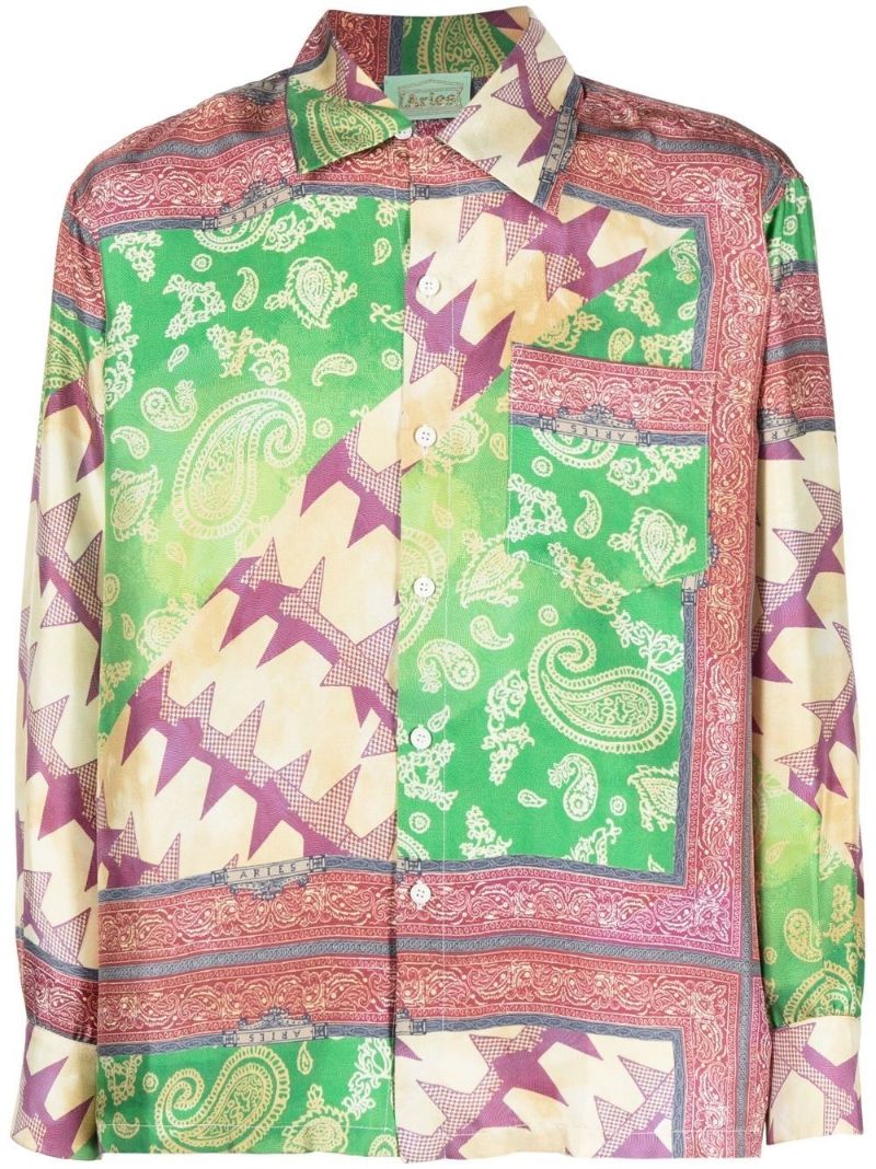 Green and Pink Scarf Print Silk Shirt